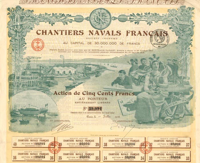 Chantiers Navals Francais Societe Anonyme - French Ship Building Stock Certificate